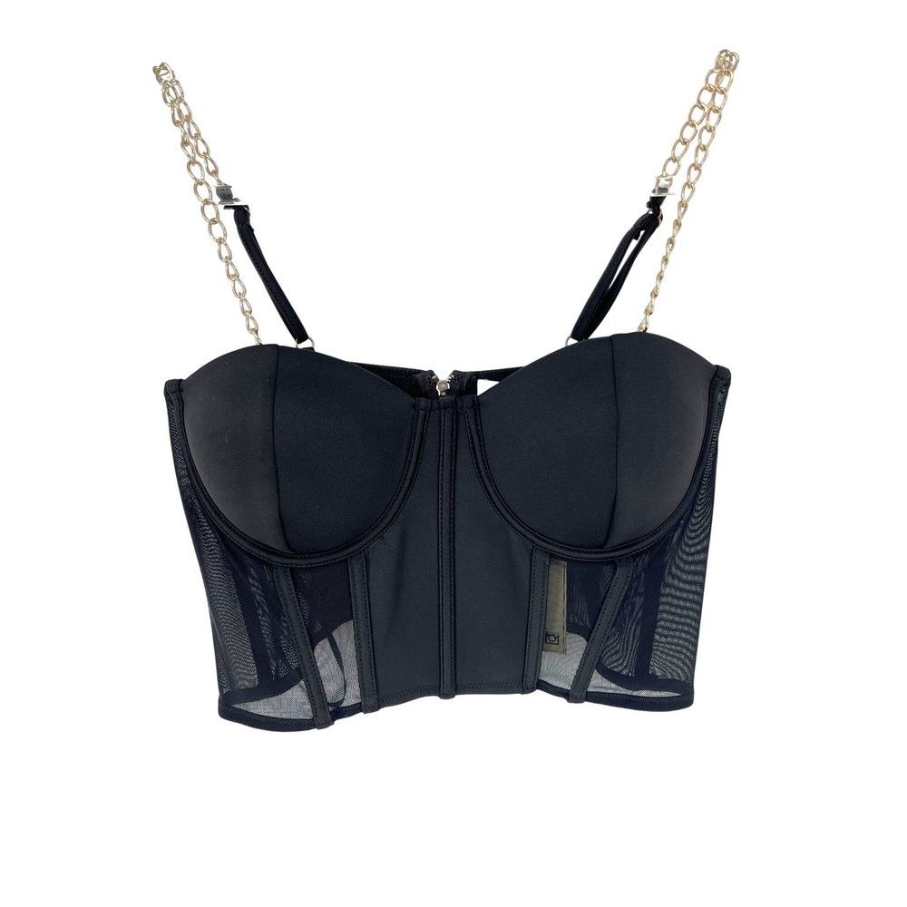 Black Bustier Corset Top Mesh L Gold Chain Straps Goth Witchy Clubwear NWT
